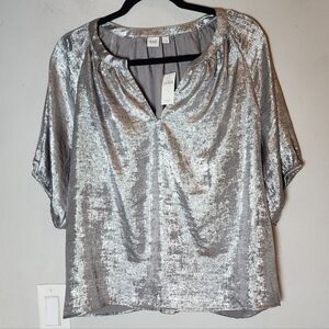 NWT Gap Silver Metallic Puff Short Sleeve Top Women's Size Large